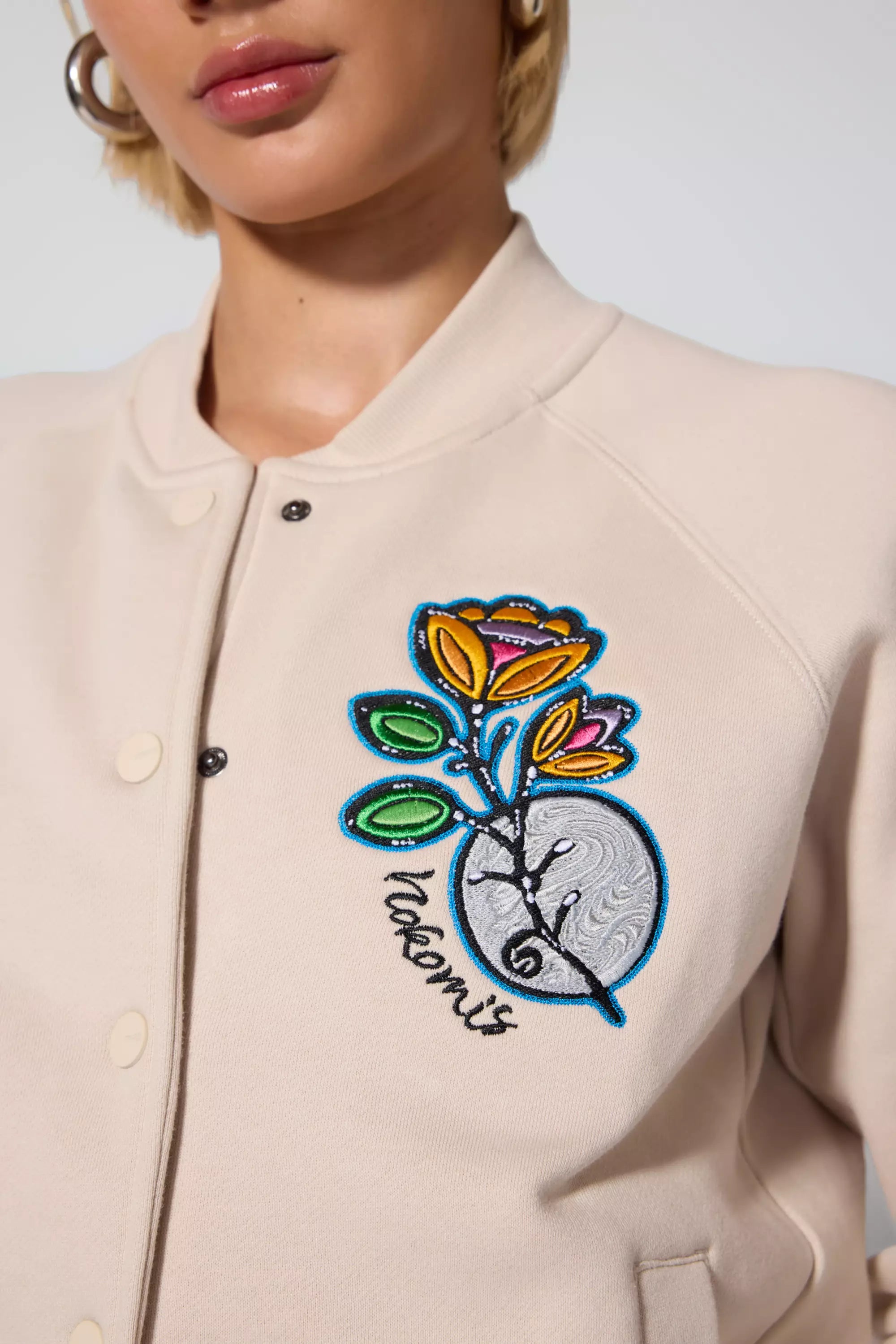 Comfort Fleece Embroidered Bomber Jacket - Stone