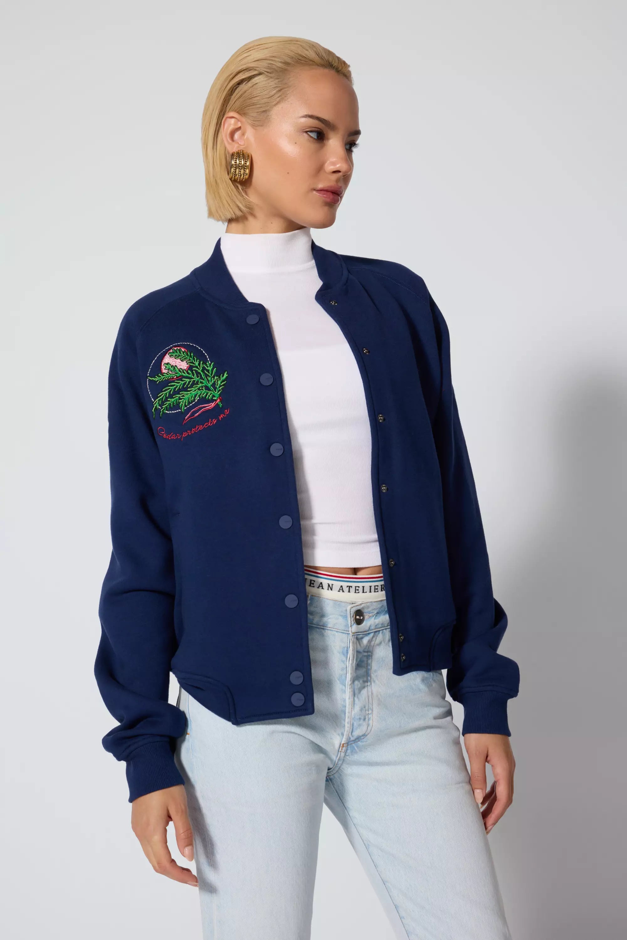 Comfort Fleece Embroidered Bomber Jacket - Navy