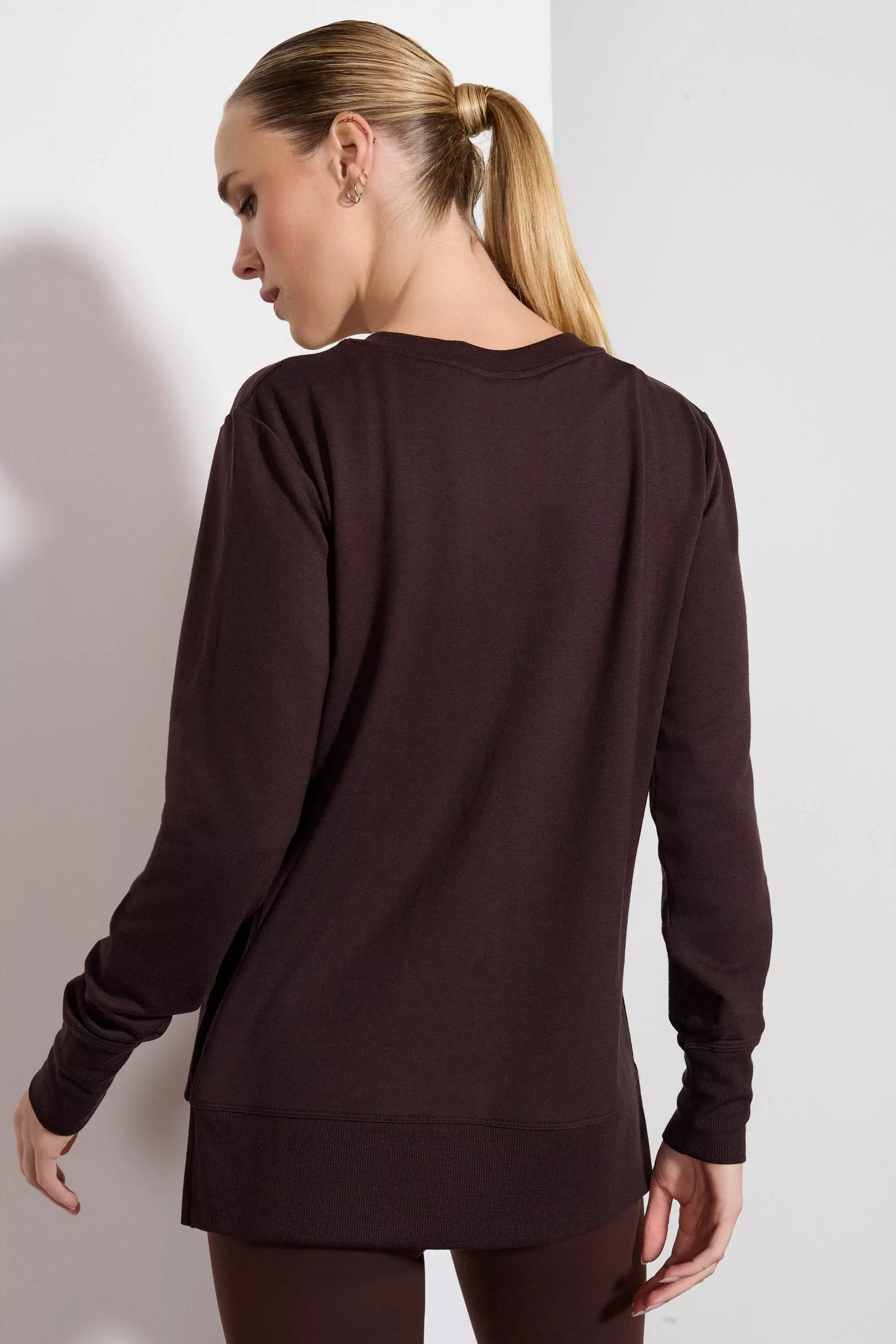 Cozy Fleece Side Slit Pullover - Chocolate Brown