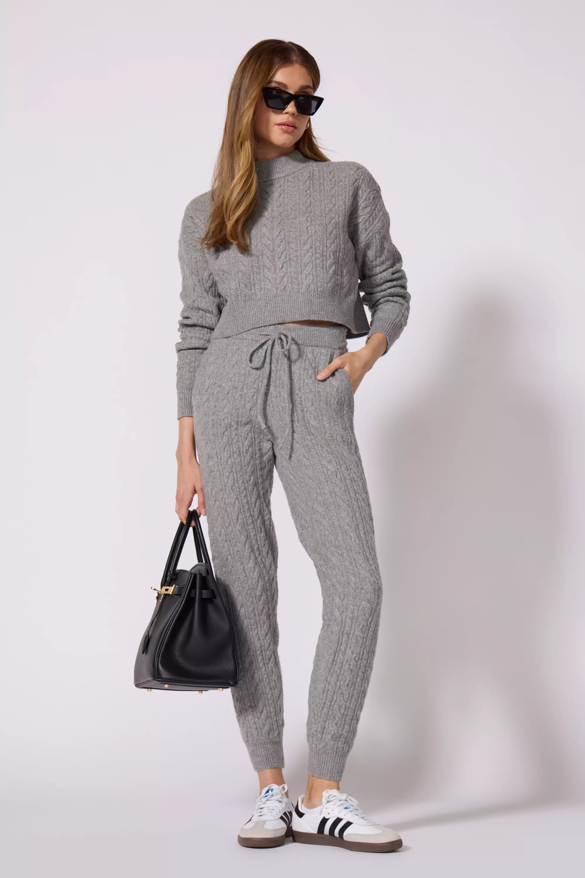 Cable Knit Cropped Sweater - Htr Steel Grey