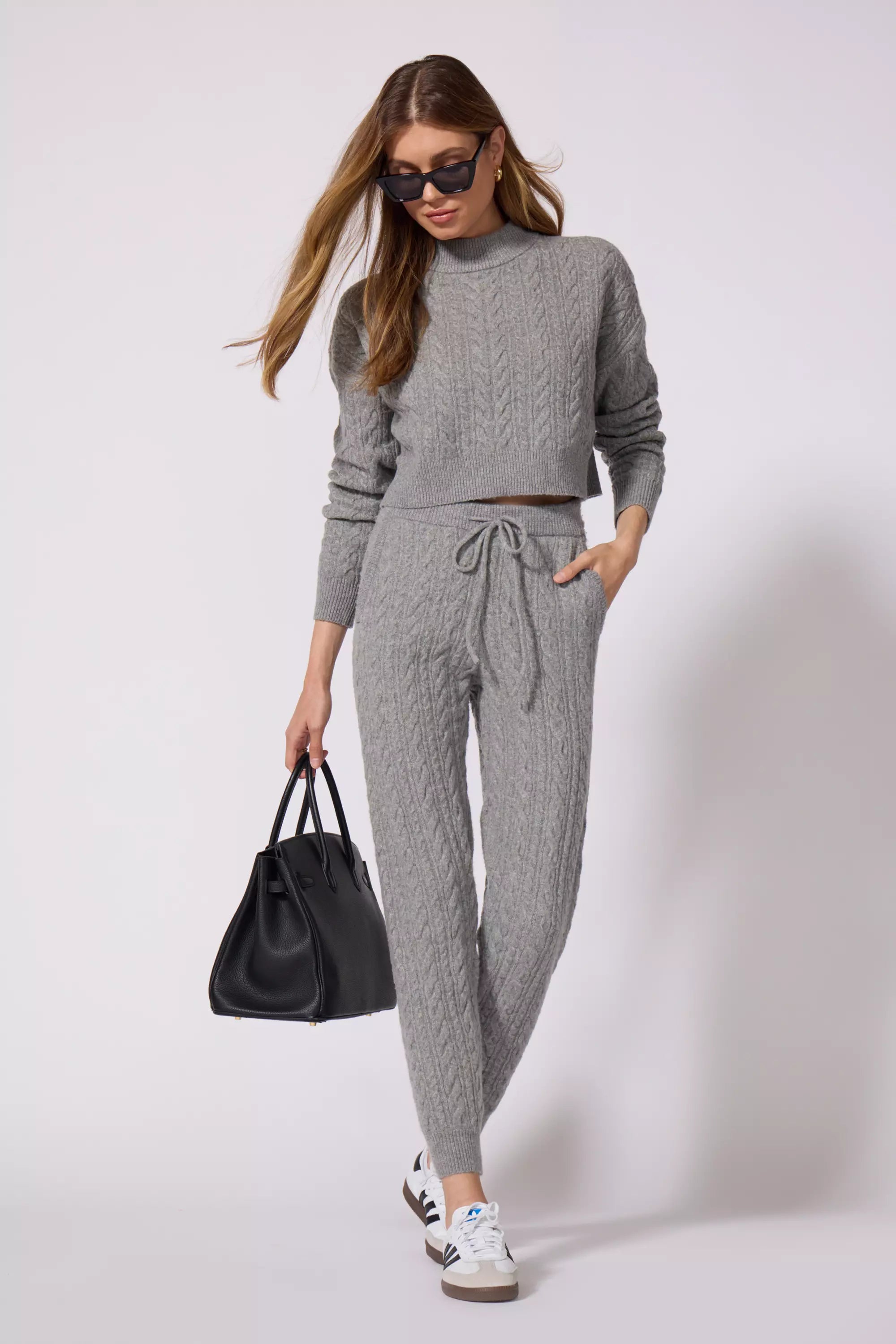 Cable Knit Cropped Sweater - Htr Steel Grey