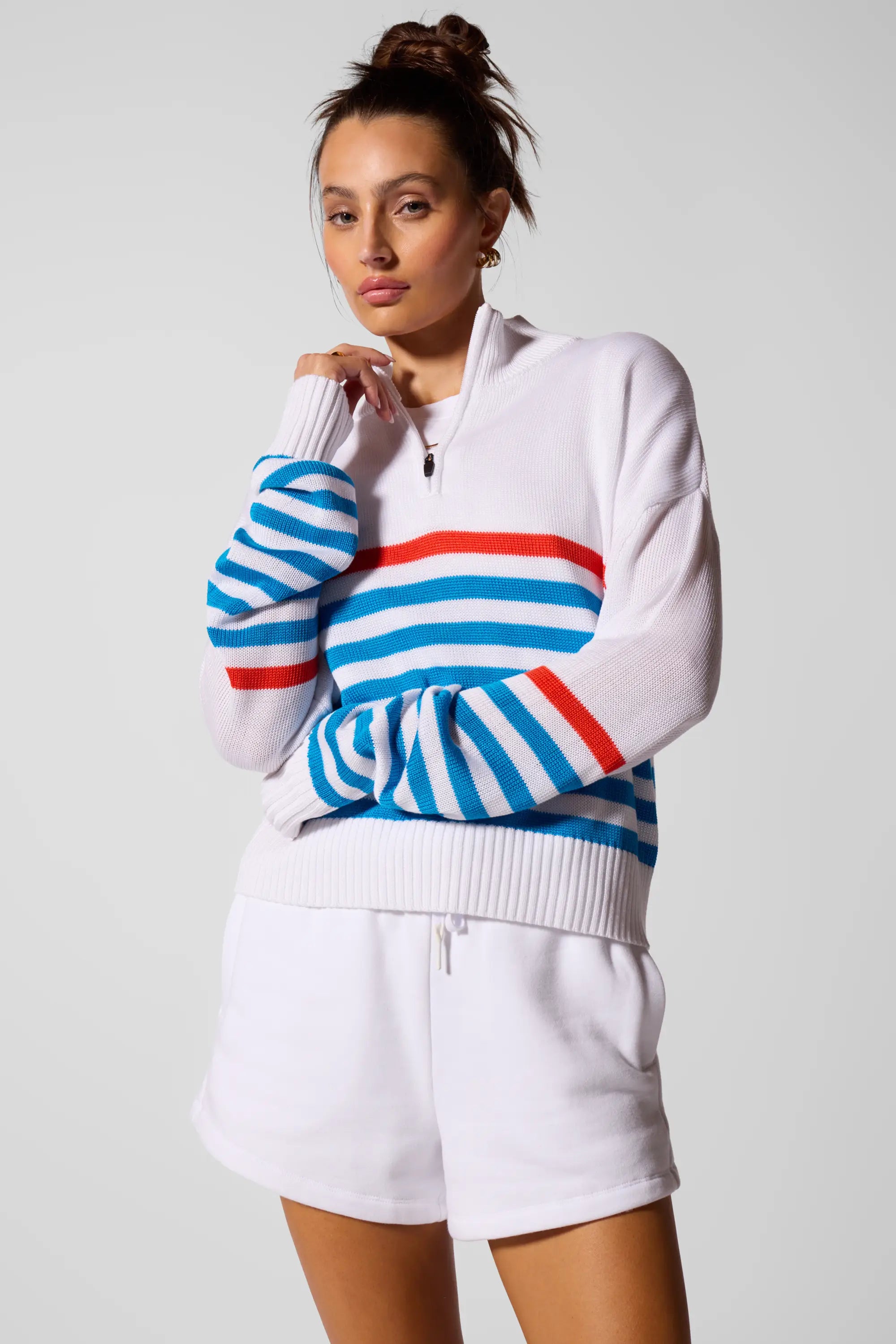 1/4 Zip Knit Sweater - Brilliant White Multi-Stripe