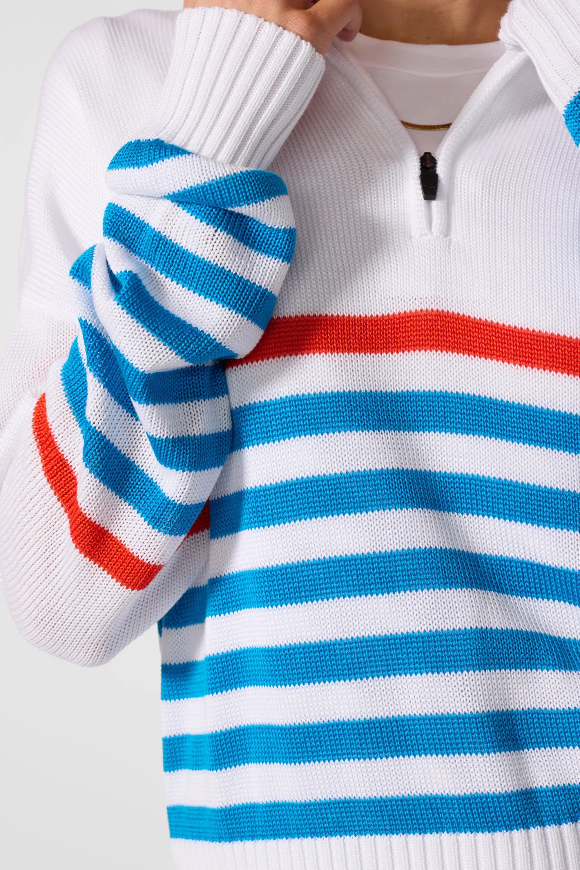 1/4 Zip Knit Sweater - Brilliant White Multi-Stripe