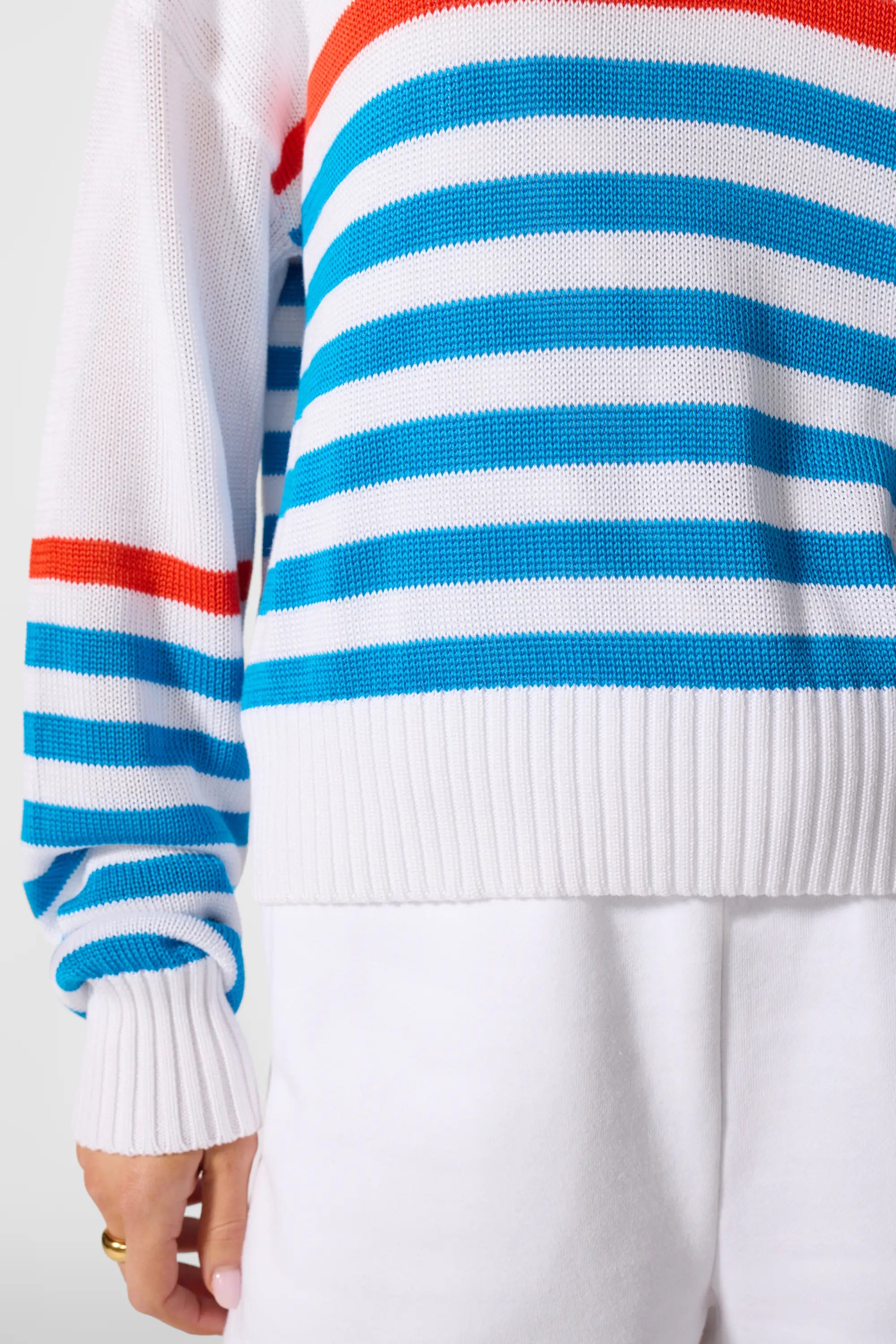 1/4 Zip Knit Sweater - Brilliant White Multi-Stripe