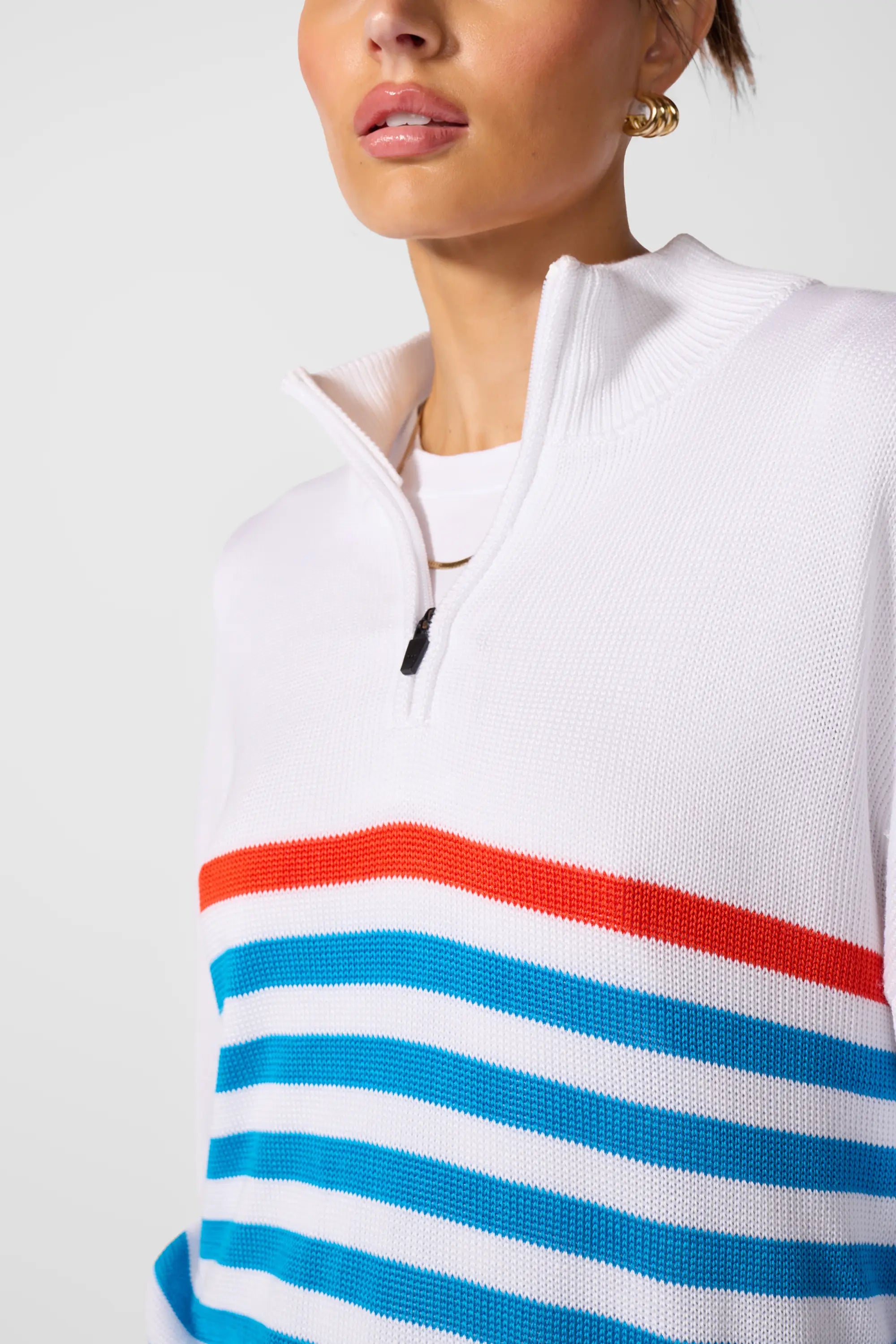 1/4 Zip Knit Sweater - Brilliant White Multi-Stripe