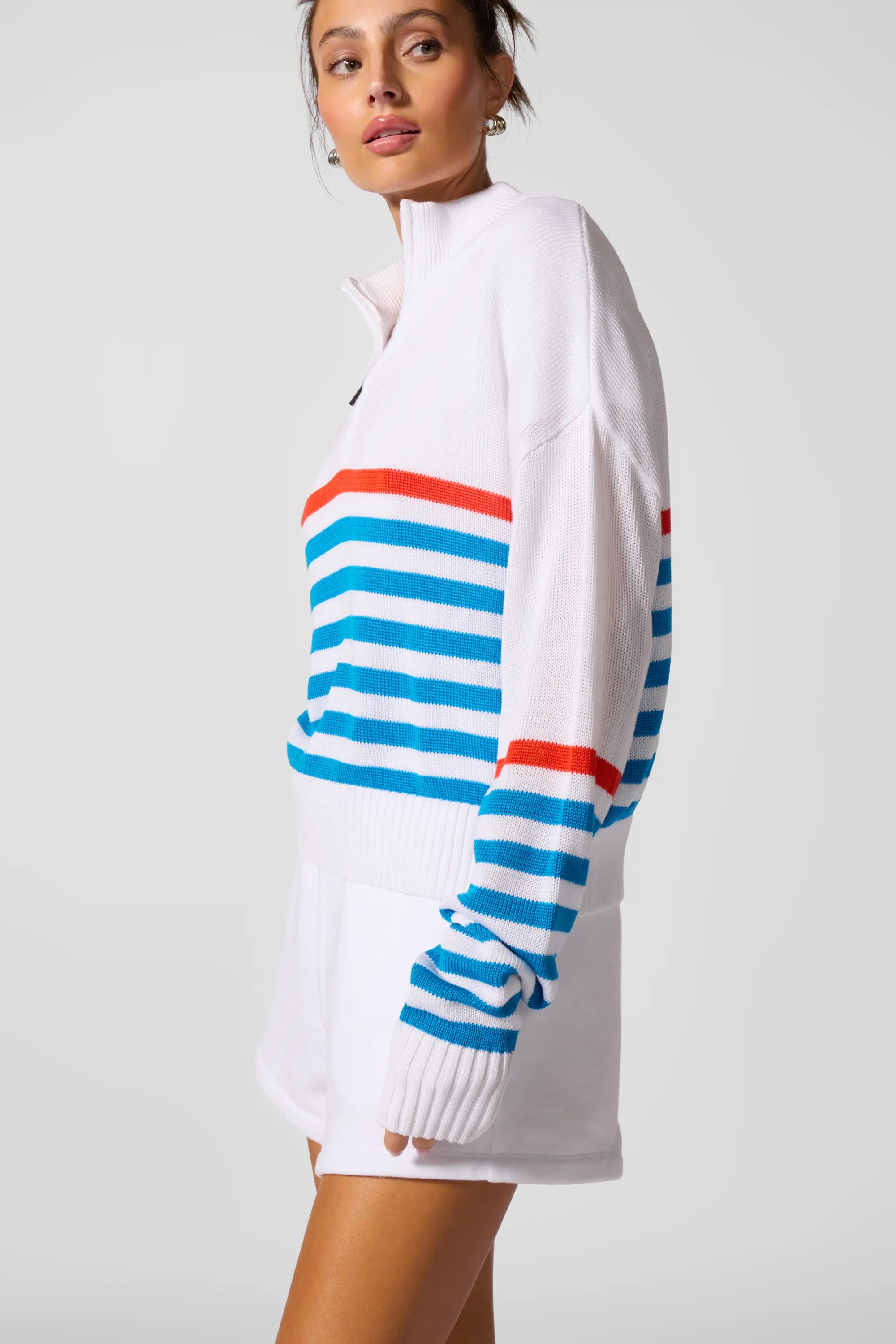 1/4 Zip Knit Sweater - Brilliant White Multi-Stripe