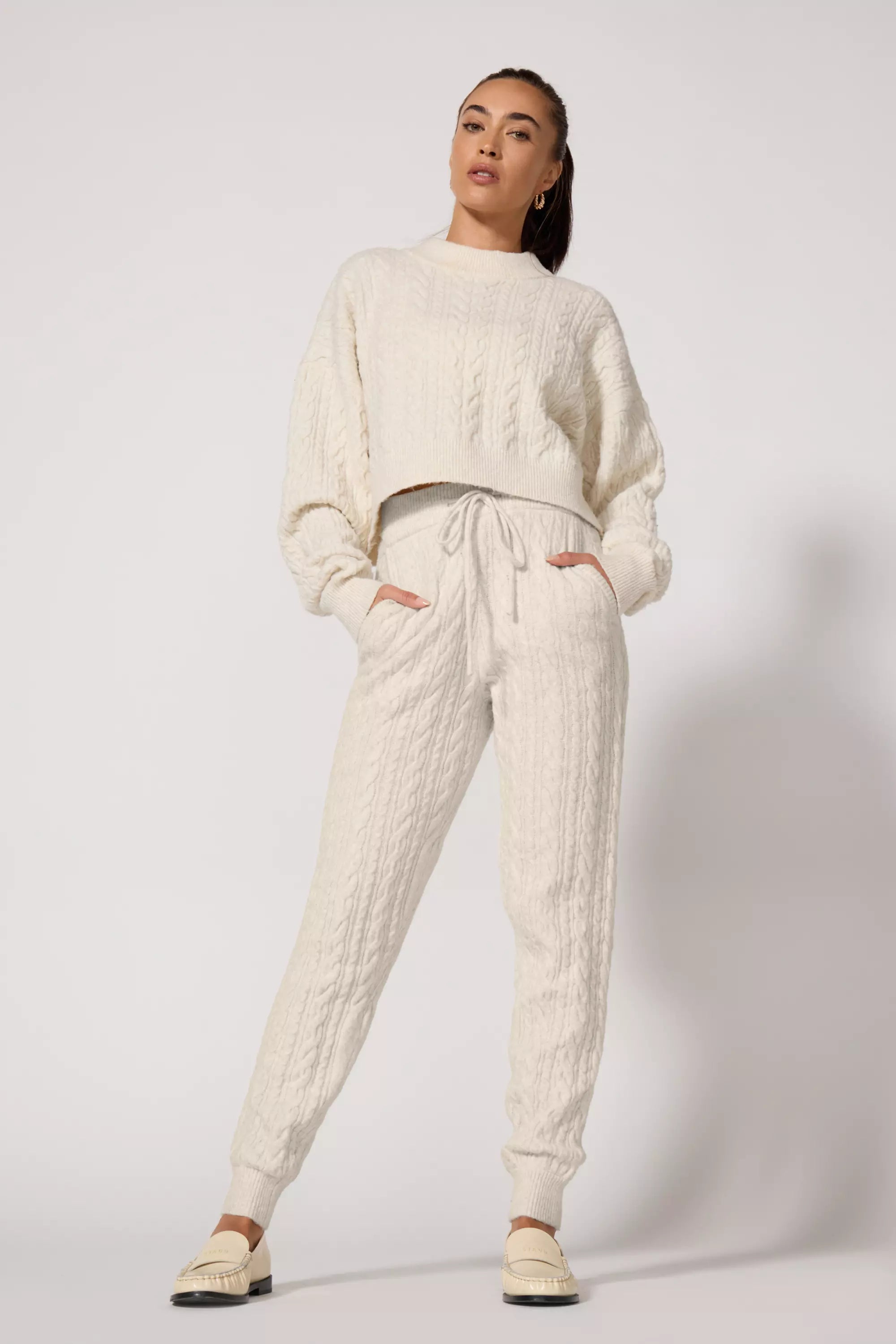 Cable Knit Jogger - Htr Birch