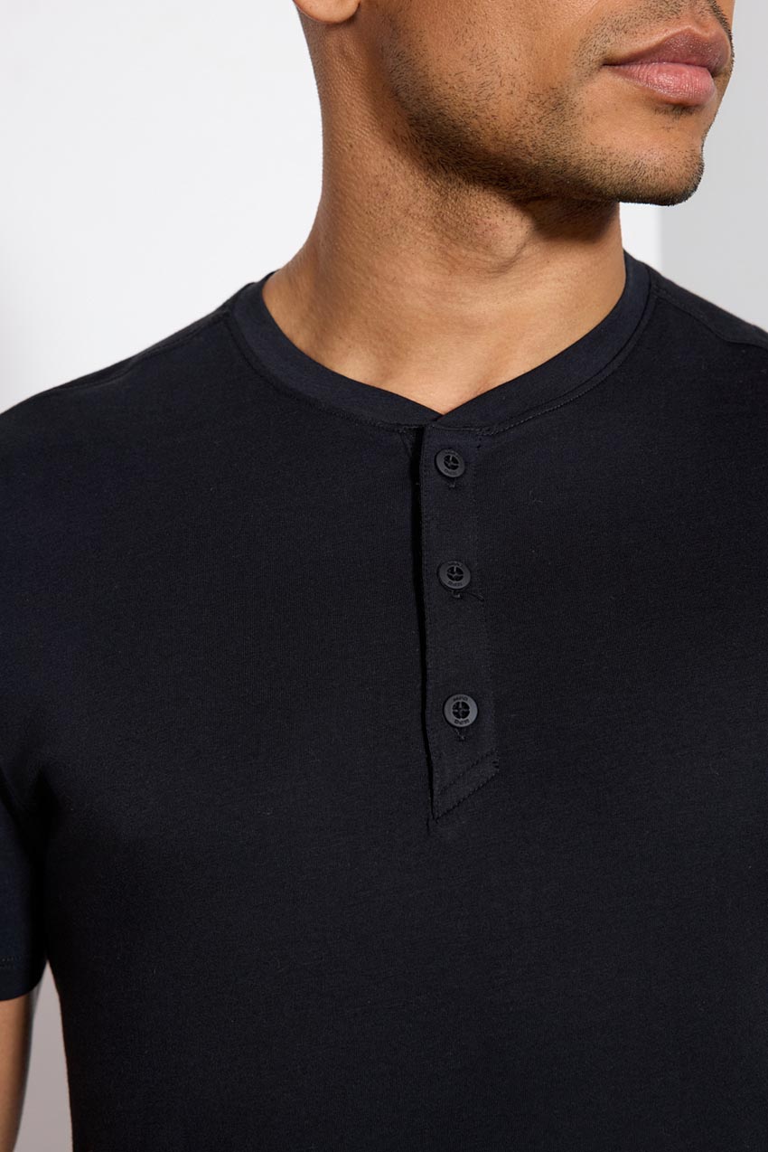 Pima Cotton Henley With Curved Hem - Black